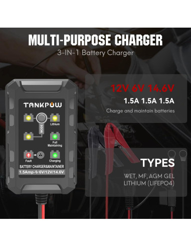 Cargador de Batería Inteligente TANKPOW 1.5A 6V/12V