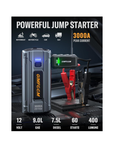 Arrancador de Coche GIMFOOM S3000 3000A 12V con Luz LED