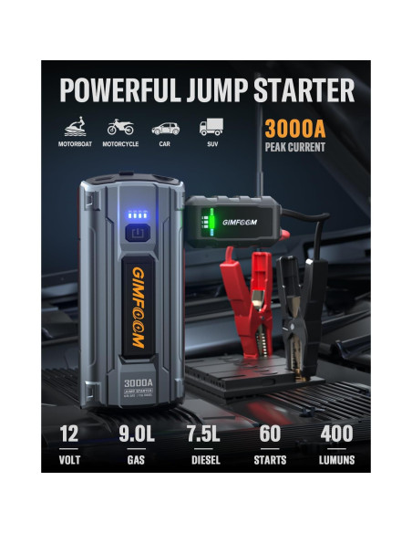 Arrancador de Coche GIMFOOM S3000 3000A 12V con Luz LED