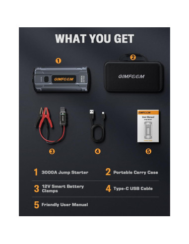 Arrancador de Coche GIMFOOM S3000 3000A 12V con Luz LED