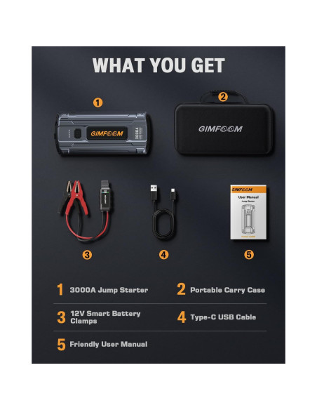 Arrancador de Coche GIMFOOM S3000 3000A 12V con Luz LED