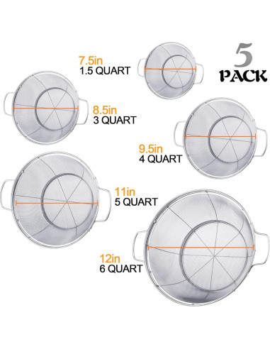 Paquete de 5 coladores de acero inoxidable Tiawudi 18/8