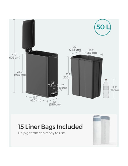 Bote de Basura Slim SONGMICS 50L Acero Inoxidable Negro