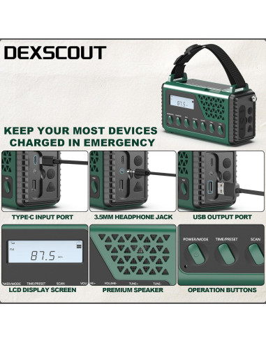 Radio Meteorológica de Emergencia DexScout 10000mAh Verde