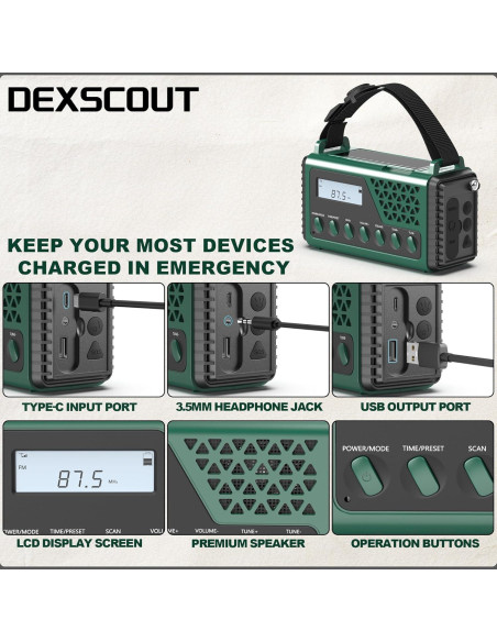 Radio Meteorológica de Emergencia DexScout 10000mAh Verde