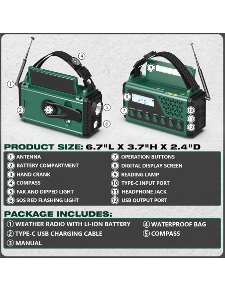 Radio Meteorológica de Emergencia DexScout 10000mAh Verde