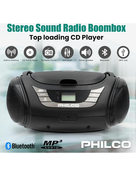 Boombox Bluetooth Portátil Philco con Reproductor de CD y Radio FM