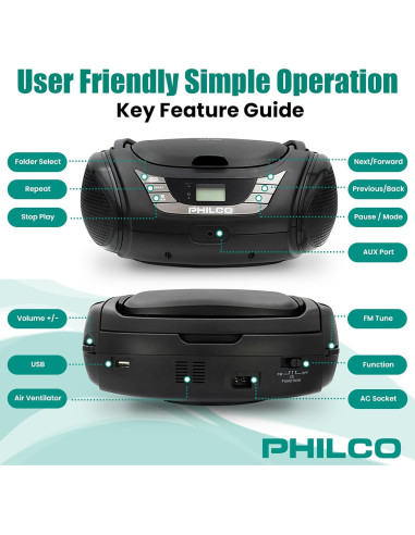 Boombox Bluetooth Portátil Philco con Reproductor de CD y Radio FM