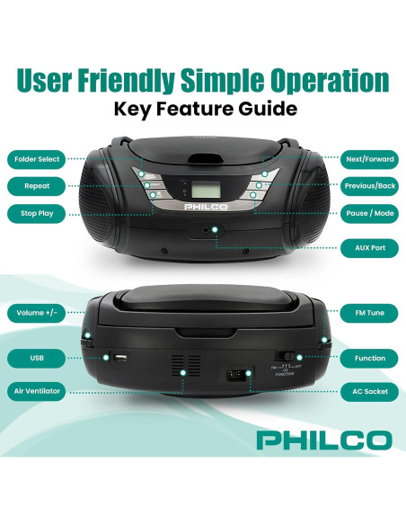 Boombox Bluetooth Portátil Philco con Reproductor de CD y Radio FM
