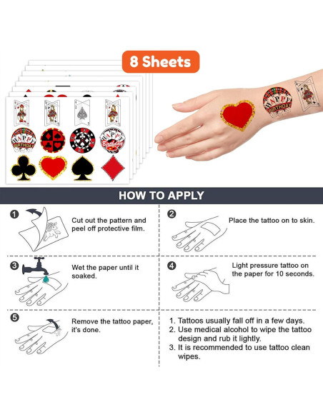 Tatuajes Temporales de Casino Genérico - 8 Hojas, 96 PCS
