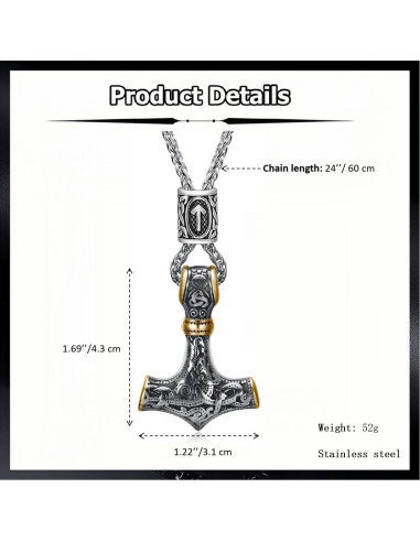 Collar Vikingo Martillo de Thor Mjolnir Acero Inoxidable