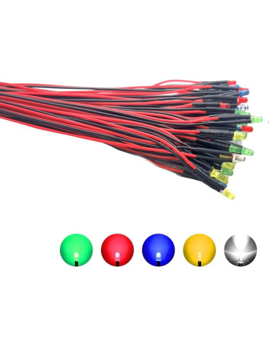 Kit 50 LEDs 12V Pre Cableados 3mm Difusos - 5 Colores