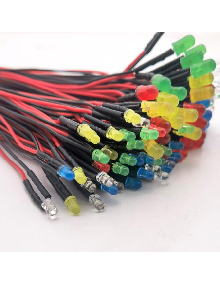 Kit 50 LEDs 12V Pre Cableados 3mm Difusos - 5 Colores