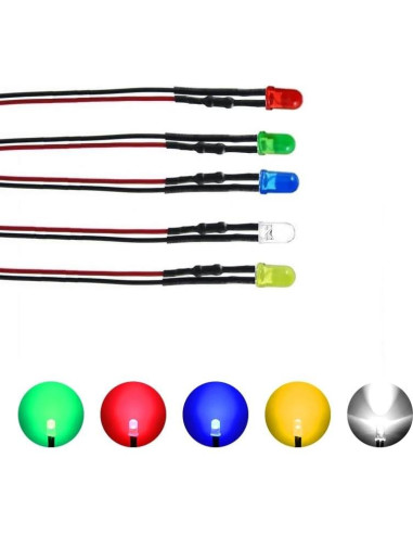 Kit 50 LEDs 12V Pre Cableados 3mm Difusos - 5 Colores