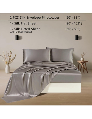 Juego de Ropa de Cama de Seda ZIMASILK 4 Piezas Reina Gris