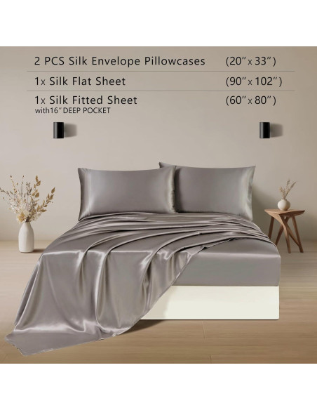 Juego de Ropa de Cama de Seda ZIMASILK 4 Piezas Reina Gris