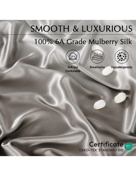 Juego de Ropa de Cama de Seda ZIMASILK 4 Piezas Reina Gris