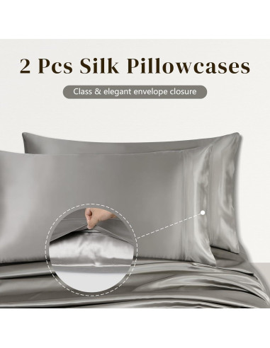 Juego de Ropa de Cama de Seda ZIMASILK 4 Piezas Reina Gris