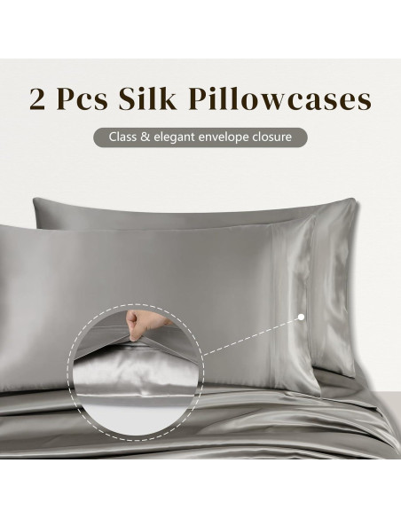 Juego de Ropa de Cama de Seda ZIMASILK 4 Piezas Reina Gris