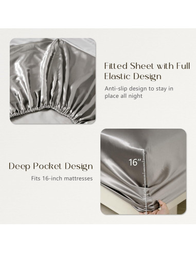 Juego de Ropa de Cama de Seda ZIMASILK 4 Piezas Reina Gris