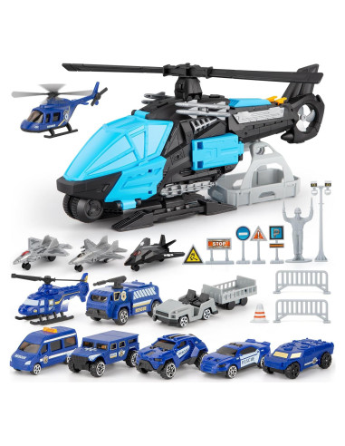 Juego de Juguete Helicóptero Policía XDUOYJOY 2-en-1 con Vehículos