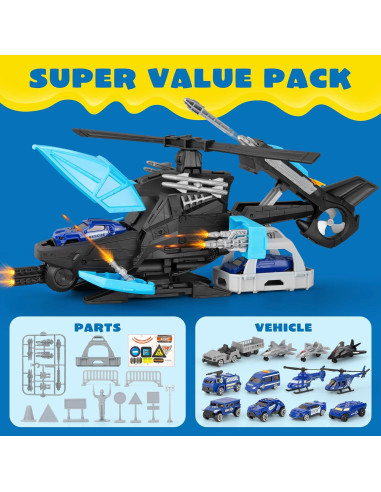 Juego de Juguete Helicóptero Policía XDUOYJOY 2-en-1 con Vehículos