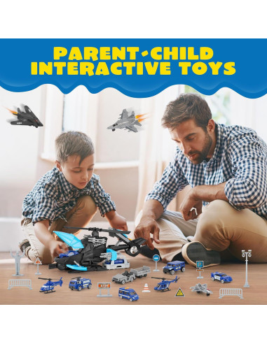 Juego de Juguete Helicóptero Policía XDUOYJOY 2-en-1 con Vehículos