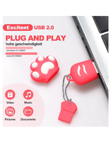 Unidad Flash USB 64GB Excitent Patita de Gato Rosa