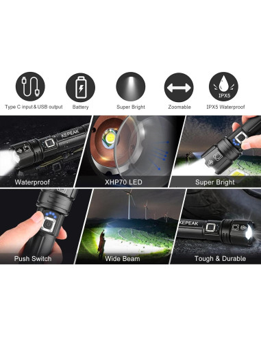 Linterna LED Recargable KEPEAK 1476, 20x Brillante, 5 Modos