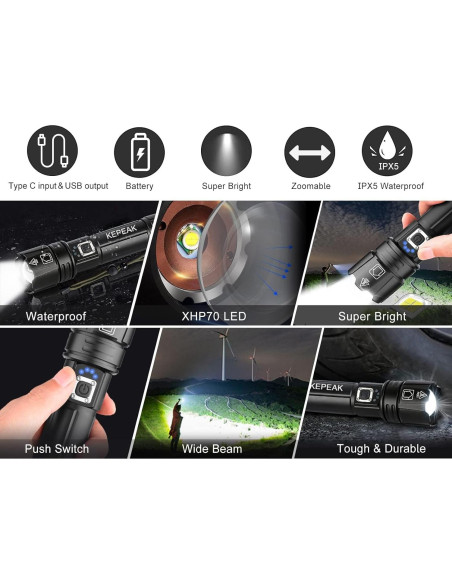 Linterna LED Recargable KEPEAK 1476, 20x Brillante, 5 Modos