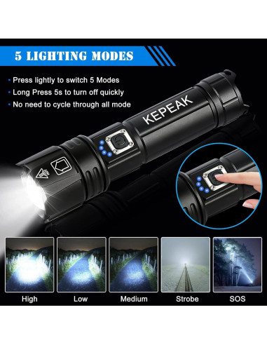 Linterna LED Recargable KEPEAK 1476, 20x Brillante, 5 Modos