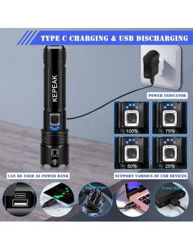 Linterna LED Recargable KEPEAK 1476, 20x Brillante, 5 Modos