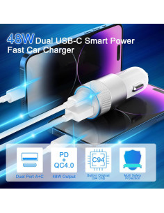 Cargador Rápido de Coche PAIMIAN 48W USB-C y USB-A con 2 Cables 2