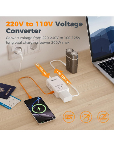 Convertidor de Voltaje TESSAN 220V a 110V 200W con USB