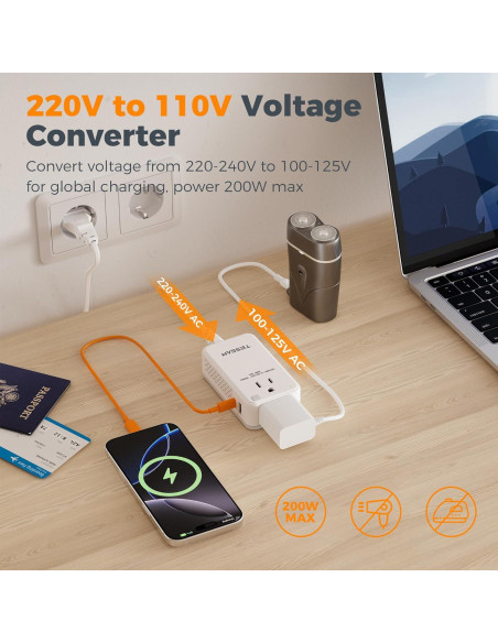Convertidor de Voltaje TESSAN 220V a 110V 200W con USB