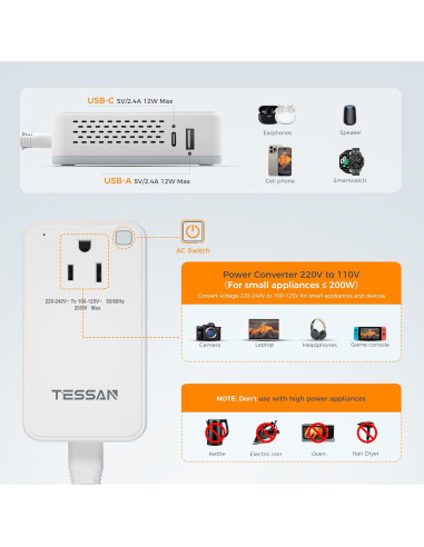 Convertidor de Voltaje TESSAN 220V a 110V 200W con USB