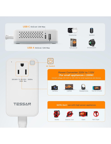 Convertidor de Voltaje TESSAN 220V a 110V 200W con USB