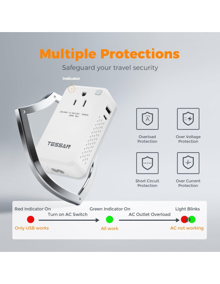 Convertidor de Voltaje TESSAN 220V a 110V 200W con USB