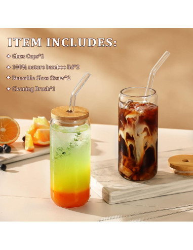 Juego de 2 Vasos de Vidrio VITEVER 20 oz con Tapas de Bambú