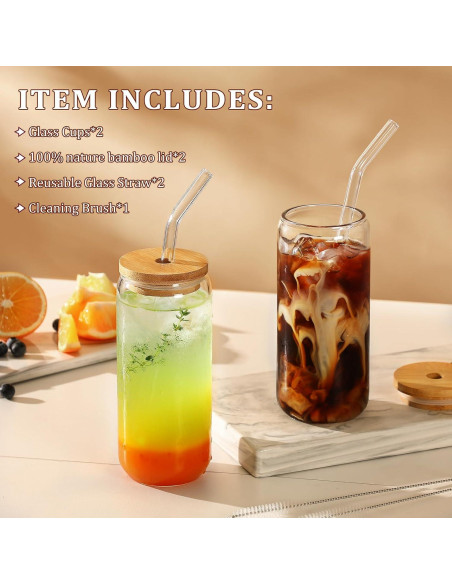 Juego de 2 Vasos de Vidrio VITEVER 20 oz con Tapas de Bambú