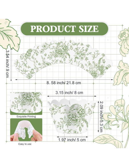 Domensi 100 Fundas para Cupcake Florales Verdes 8x5x5.3 cm