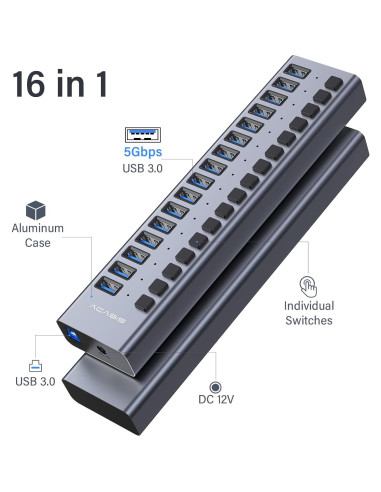 Hub USB 3.0 Alimentado ACASIS 16 Puertos 90W Aluminio
