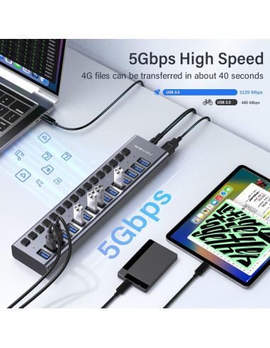 Hub USB 3.0 Alimentado ACASIS 16 Puertos 90W Aluminio