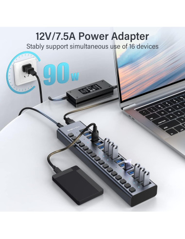 Hub USB 3.0 Alimentado ACASIS 16 Puertos 90W Aluminio