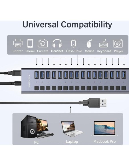 Hub USB 3.0 Alimentado ACASIS 16 Puertos 90W Aluminio