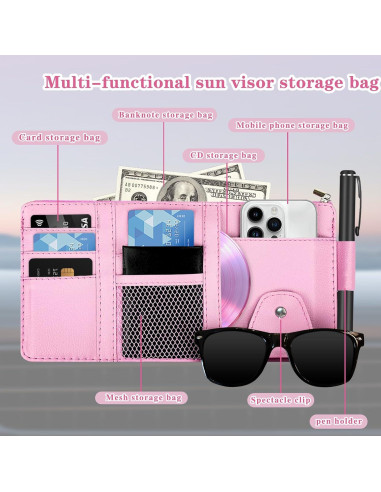 Organizador de Visera Solar Rosa Kitnish - Almacenamiento para Gafas y Documentos
