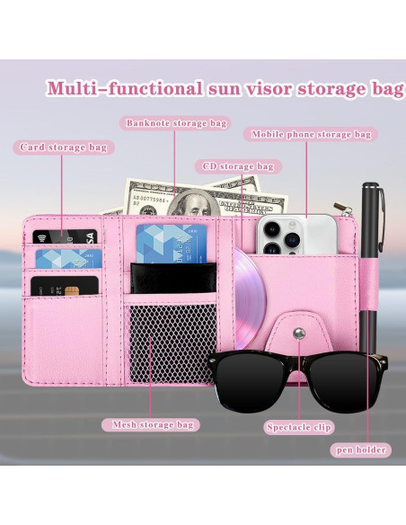 Organizador de Visera Solar Rosa Kitnish - Almacenamiento para Gafas y Documentos