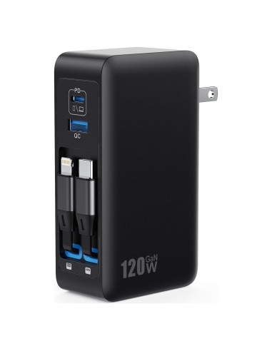 Cargador USB C 120W Retráctil GaN IV con 2 Cables Integrados