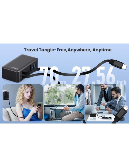 Cargador USB C 120W Retráctil GaN IV con 2 Cables Integrados