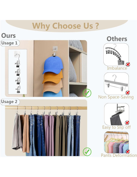 Perchas para Pantalones con Clips Organizador 12 Clips + 3 Ganchos